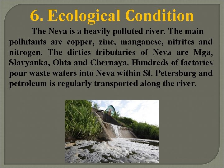 6. Ecological Сondition The Neva is a heavily polluted river. The main pollutants are