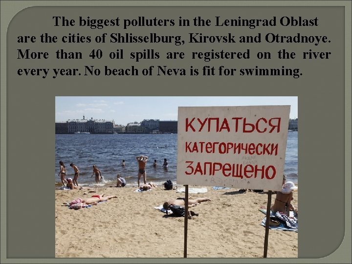 The biggest polluters in the Leningrad Oblast are the cities of Shlisselburg, Kirovsk and