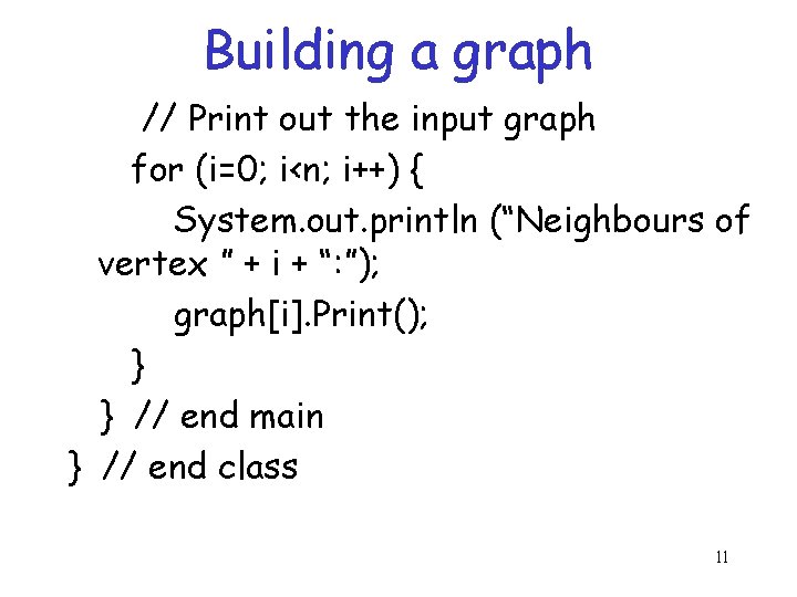 Building a graph // Print out the input graph for (i=0; i<n; i++) { Building a graph // Print out the input graph for (i=0; i<n; i++) {