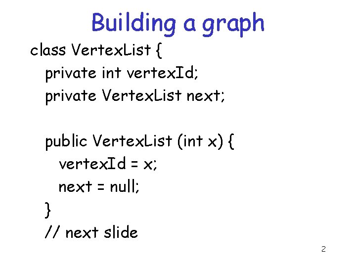 Building a graph class Vertex. List { private int vertex. Id; private Vertex. List Building a graph class Vertex. List { private int vertex. Id; private Vertex. List