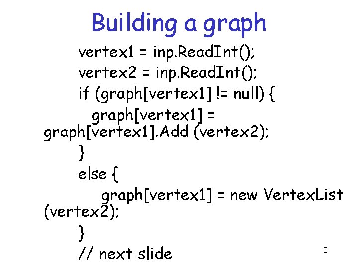 Building a graph vertex 1 = inp. Read. Int(); vertex 2 = inp. Read. Building a graph vertex 1 = inp. Read. Int(); vertex 2 = inp. Read.