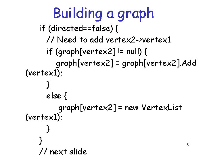 Building a graph if (directed==false) { // Need to add vertex 2 ->vertex 1 Building a graph if (directed==false) { // Need to add vertex 2 ->vertex 1
