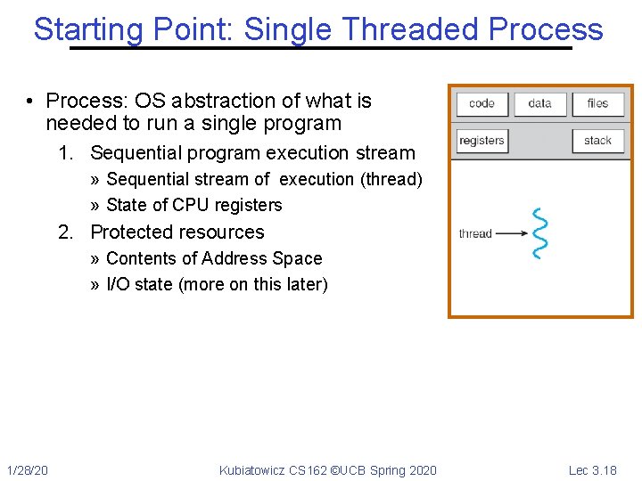 Starting Point: Single Threaded Process • Process: OS abstraction of what is needed to