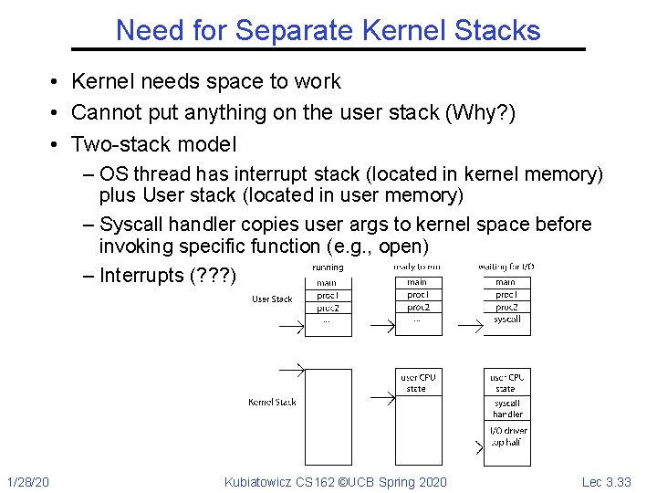 Need for Separate Kernel Stacks • Kernel needs space to work • Cannot put