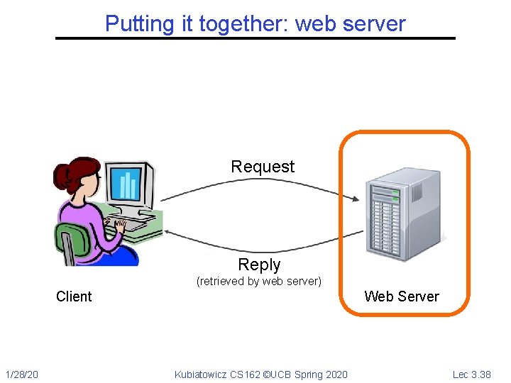 Putting it together: web server Request Reply (retrieved by web server) Client 1/28/20 Web
