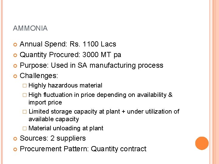 AMMONIA Annual Spend: Rs. 1100 Lacs Quantity Procured: 3000 MT pa Purpose: Used in