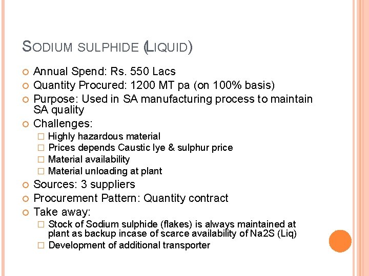 SODIUM SULPHIDE (LIQUID) Annual Spend: Rs. 550 Lacs Quantity Procured: 1200 MT pa (on