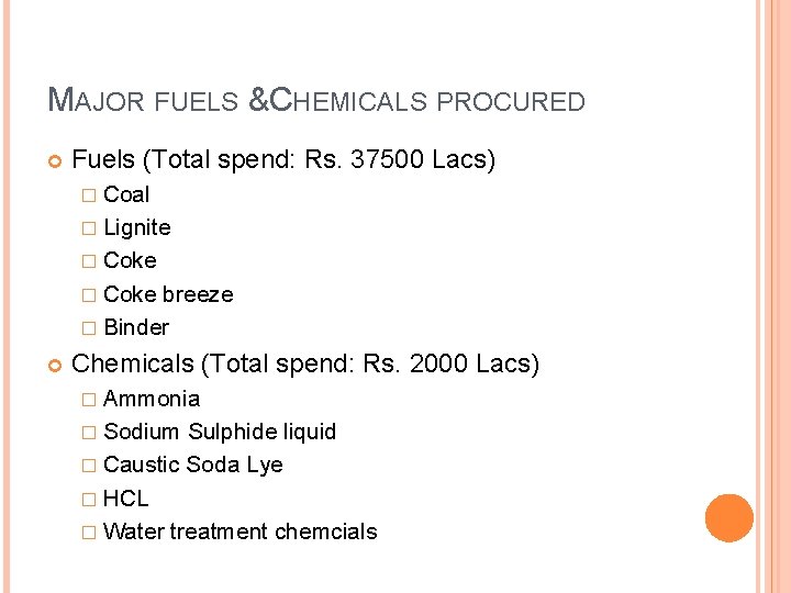 MAJOR FUELS &CHEMICALS PROCURED Fuels (Total spend: Rs. 37500 Lacs) � Coal � Lignite