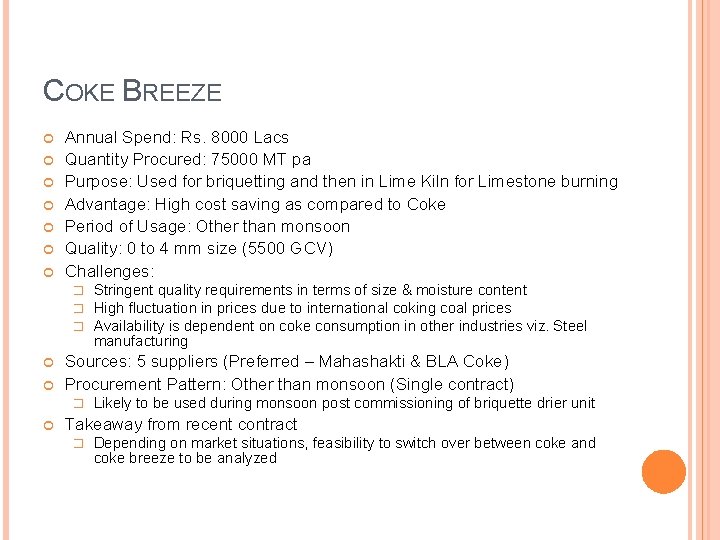 COKE BREEZE Annual Spend: Rs. 8000 Lacs Quantity Procured: 75000 MT pa Purpose: Used