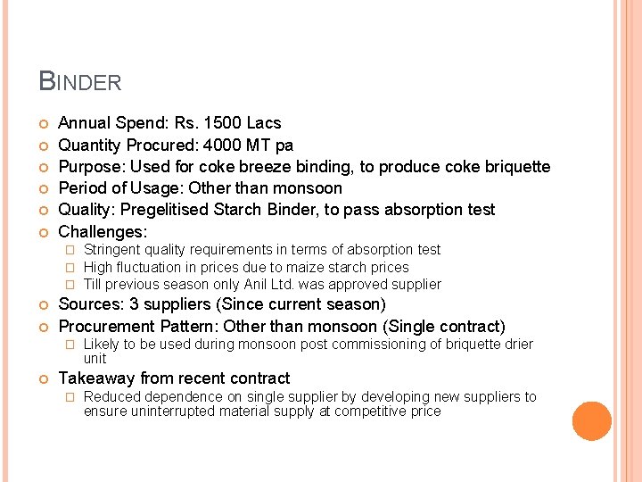 BINDER Annual Spend: Rs. 1500 Lacs Quantity Procured: 4000 MT pa Purpose: Used for