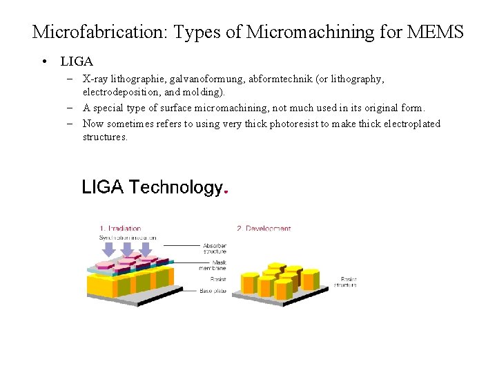 Microfabrication: Types of Micromachining for MEMS • LIGA – X-ray lithographie, galvanoformung, abformtechnik (or