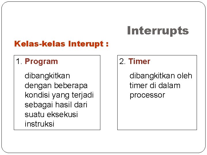 Kelas-kelas Interupt : 1. Program dibangkitkan dengan beberapa kondisi yang terjadi sebagai hasil dari