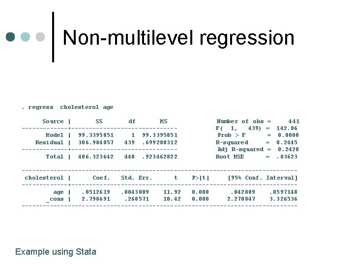 Non-multilevel regression . regress cholesterol age Source | SS df MS -------+---------------Model | 99.