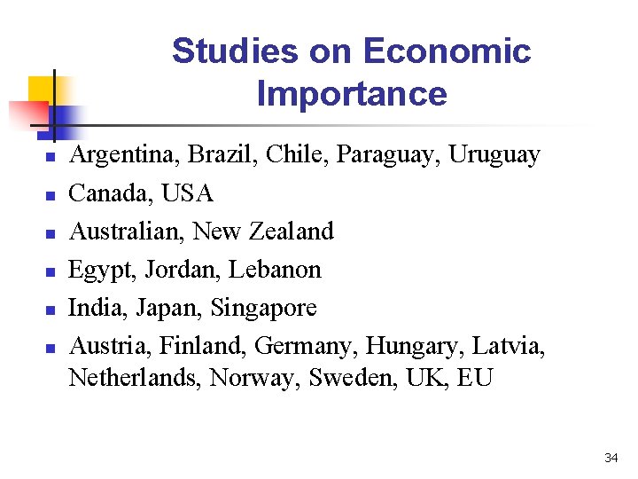 Studies on Economic Importance n n n Argentina, Brazil, Chile, Paraguay, Uruguay Canada, USA