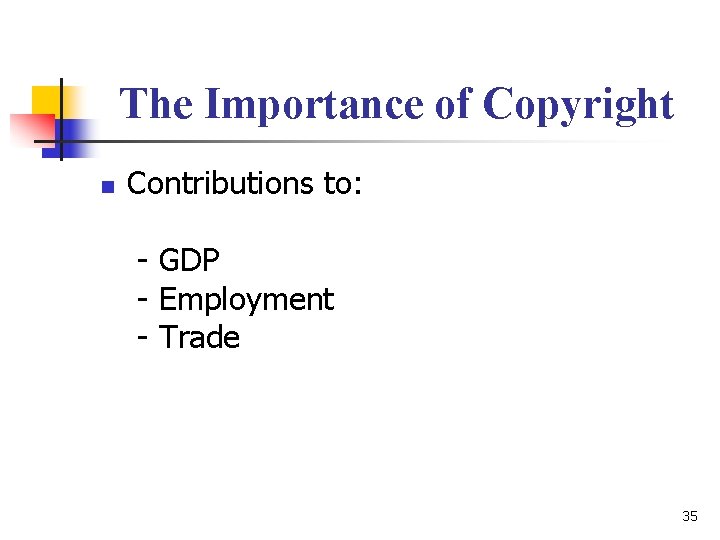 The Importance of Copyright n Contributions to: - GDP - Employment - Trade 35