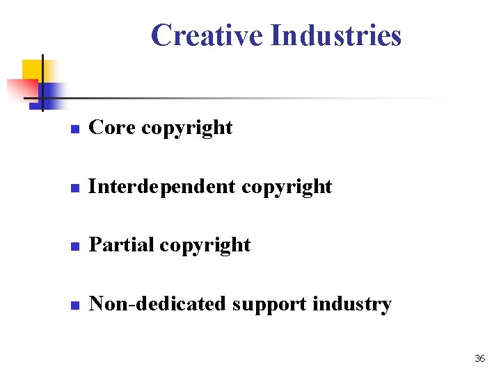 Creative Industries n Core copyright n Interdependent copyright n Partial copyright n Non-dedicated support