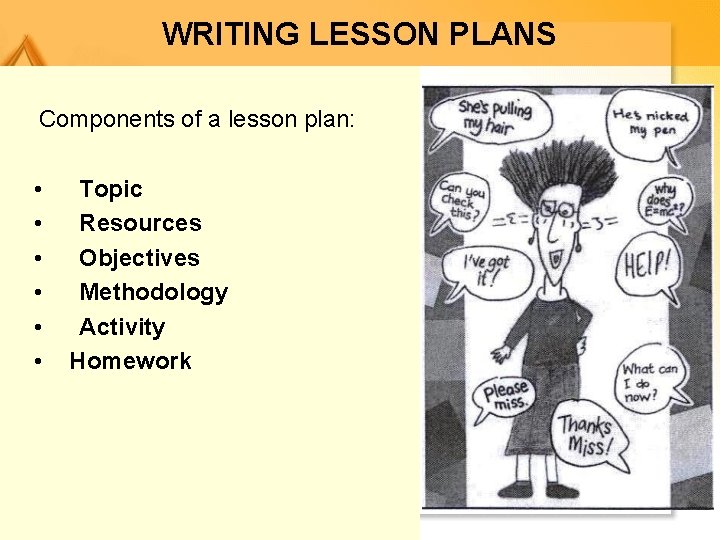 WRITING LESSON PLANS Components of a lesson plan: • • • Topic Resources Objectives