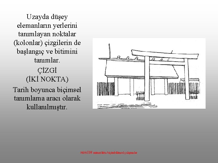 Uzayda düşey elemanların yerlerini tanımlayan noktalar (kolonlar) çizgilerin de başlangıç ve bitimini tanımlar. ÇİZGİ