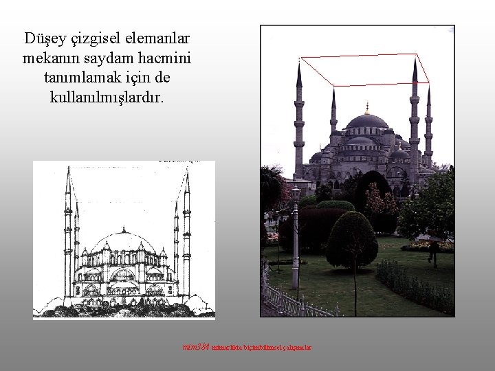 Düşey çizgisel elemanlar mekanın saydam hacmini tanımlamak için de kullanılmışlardır. mim 384 mimarlıkta biçimbilimsel