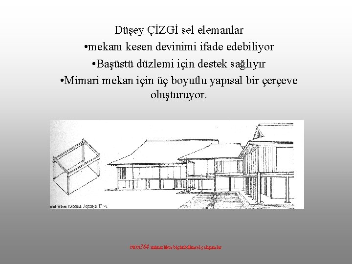 Düşey ÇİZGİ sel elemanlar • mekanı kesen devinimi ifade edebiliyor • Başüstü düzlemi için