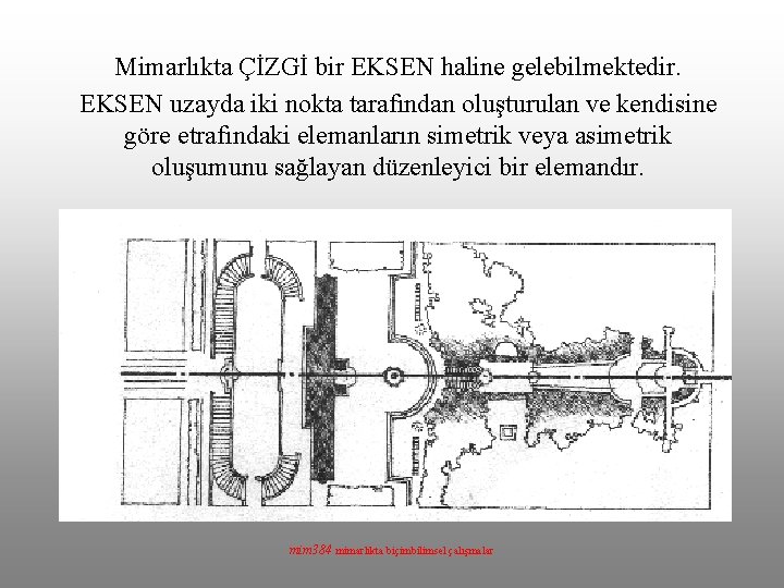 Mimarlıkta ÇİZGİ bir EKSEN haline gelebilmektedir. EKSEN uzayda iki nokta tarafından oluşturulan ve kendisine