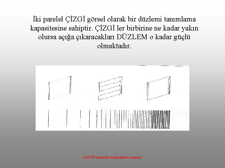 İki parelel ÇİZGİ görsel olarak bir düzlemi tanımlama kapasitesine sahiptir. ÇİZGİ ler birbirine ne