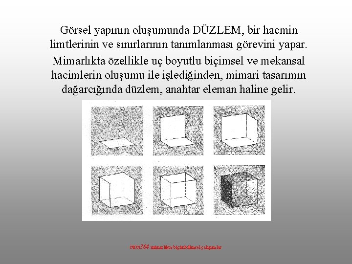 Görsel yapının oluşumunda DÜZLEM, bir hacmin limtlerinin ve sınırlarının tanımlanması görevini yapar. Mimarlıkta özellikle