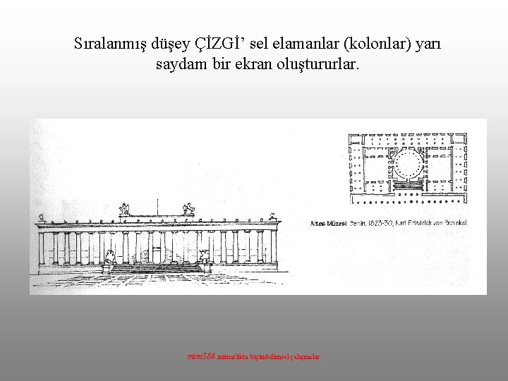 Sıralanmış düşey ÇİZGİ’ sel elamanlar (kolonlar) yarı saydam bir ekran oluştururlar. mim 384 mimarlıkta