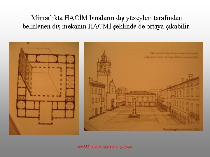 Mimarlıkta HACİM binaların dış yüzeyleri tarafından belirlenen dış mekanın HACMİ şeklinde de ortaya çıkabilir.