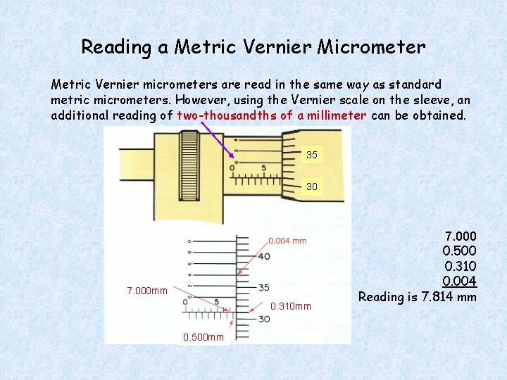 Reading a Metric Vernier Micrometer Metric Vernier micrometers are read in the same way