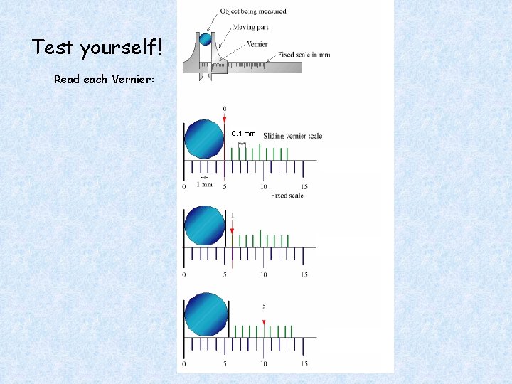 Test yourself! Read each Vernier: 0. 1 mm 