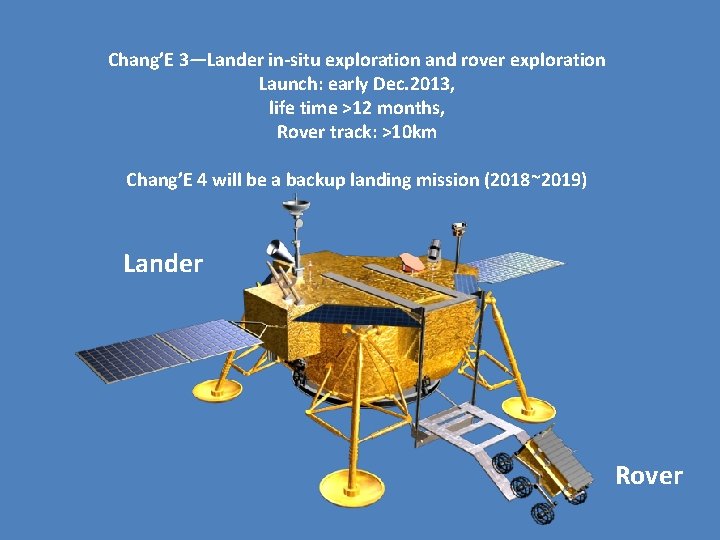 Chang’E 3—Lander in-situ exploration and rover exploration Launch: early Dec. 2013, life time >12