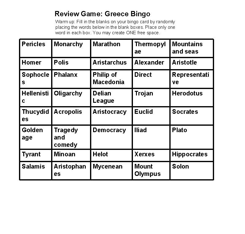 Review Game: Greece Bingo Warm up: Fill in the blanks on your bingo card