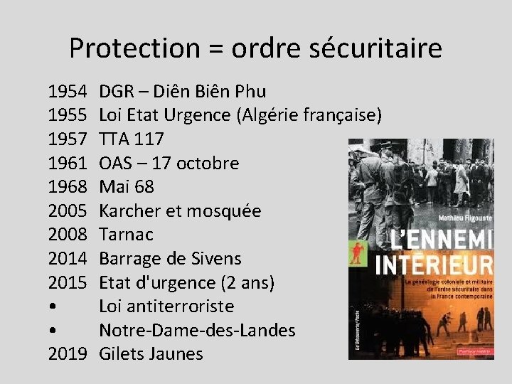 Protection = ordre sécuritaire 1954 1955 1957 1961 1968 2005 2008 2014 2015 • Protection = ordre sécuritaire 1954 1955 1957 1961 1968 2005 2008 2014 2015 •