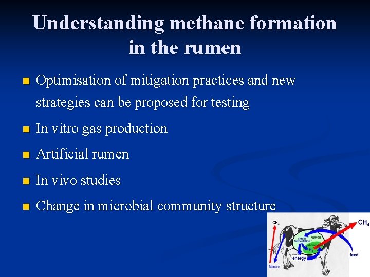 Understanding methane formation in the rumen n Optimisation of mitigation practices and new strategies