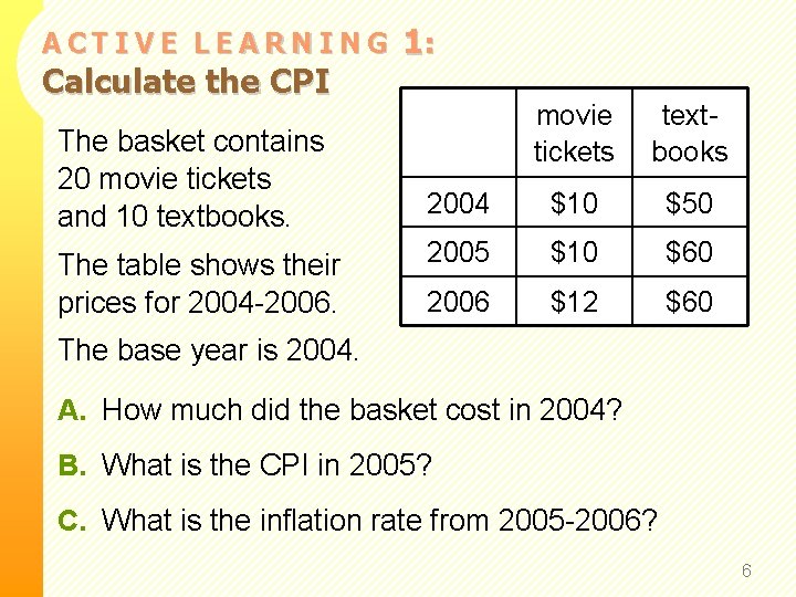 ACTIVE LEARNING Calculate the CPI The basket contains 20 movie tickets and 10 textbooks.