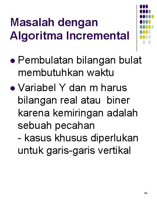 Masalah dengan Algoritma Incremental Pembulatan bilangan bulat membutuhkan waktu l Variabel Y dan m