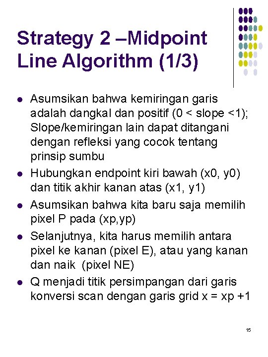 Strategy 2 –Midpoint Line Algorithm (1/3) l l l Asumsikan bahwa kemiringan garis adalah