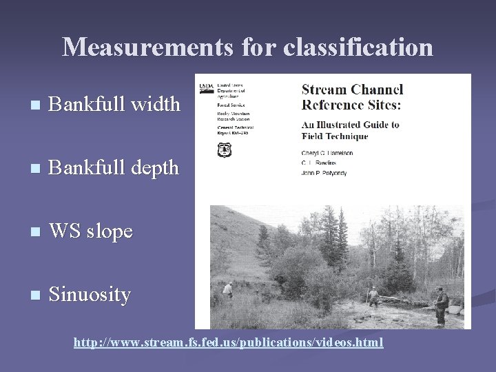 Measurements for classification n Bankfull width n Bankfull depth n WS slope n Sinuosity Measurements for classification n Bankfull width n Bankfull depth n WS slope n Sinuosity