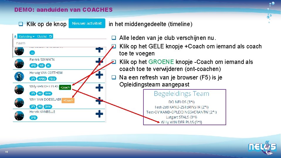 DEMO: aanduiden van COACHES q Klik op de knop in het middengedeelte (timeline) q