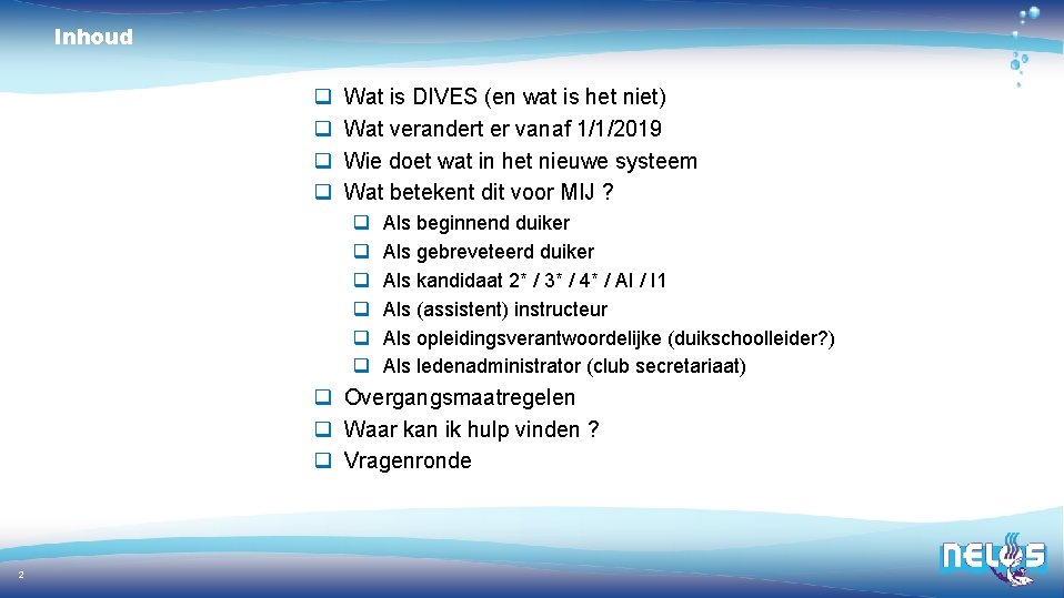 Inhoud q q Wat is DIVES (en wat is het niet) Wat verandert er
