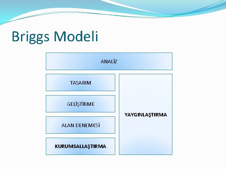 Briggs Modeli ANALİZ TASARIM GELİŞTİRME YAYGINLAŞTIRMA ALAN DENEMESİ KURUMSALLAŞTIRMA 