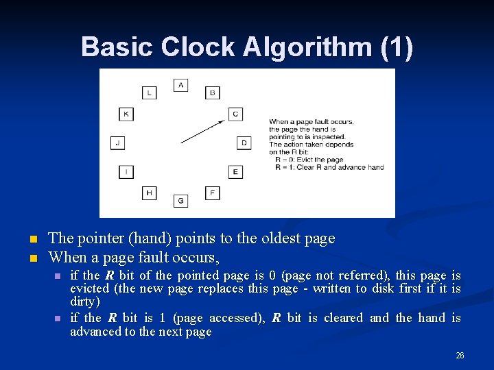 Basic Clock Algorithm (1) n n The pointer (hand) points to the oldest page