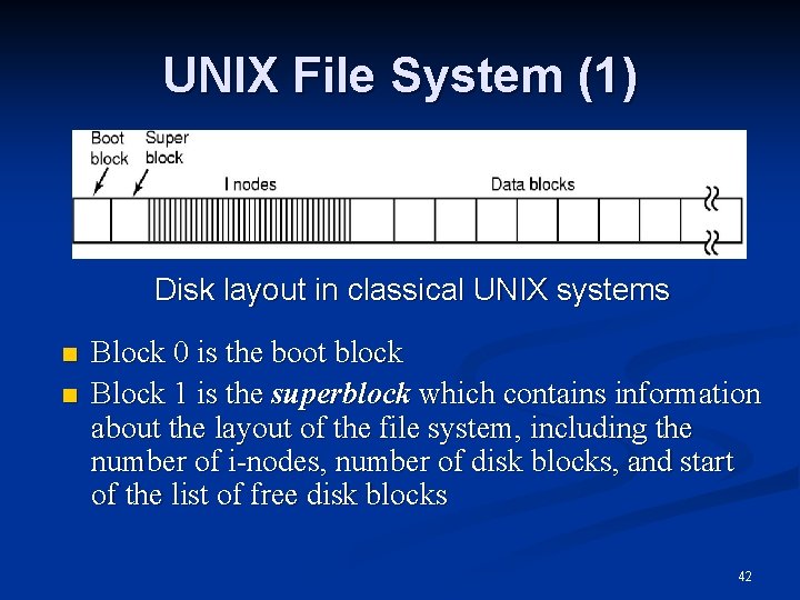 UNIX File System (1) Disk layout in classical UNIX systems n n Block 0