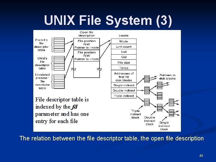 UNIX File System (3) File descriptor table is indexed by the fd parameter and