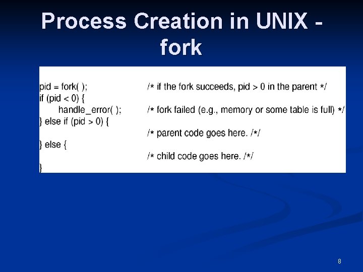 Process Creation in UNIX fork Process creation in UNIX. 8 