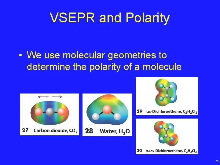 VSEPR and Polarity • We use molecular geometries to determine the polarity of a