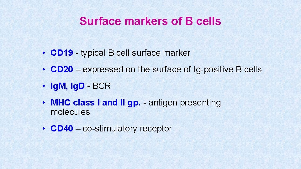Surface markers of B cells • CD 19 - typical B cell surface marker