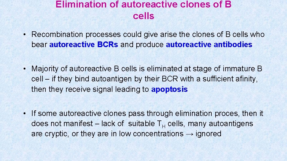 Elimination of autoreactive clones of B cells • Recombination processes could give arise the