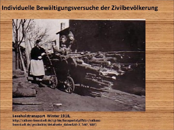 Individuelle Bewältigungsversuche der Zivilbevölkerung Leseholztransport Winter 1918, http: //rathaus-buerstadt. de/cgi-bin/baseportal. pl? htx=/rathausbuerstadt. de/geschichte/detailseite_daten&Id=3', '560',